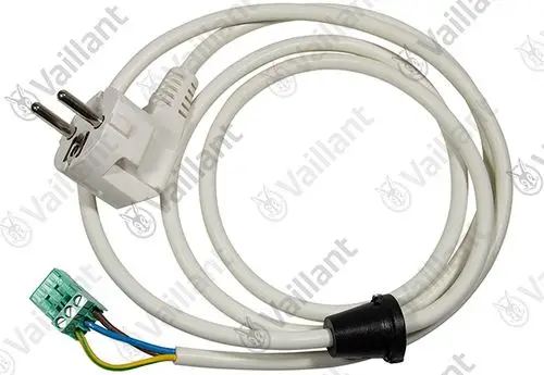Weißes Stromkabel mit Steckdose und zwei Adern für den Anschluss. Am Ende ein grün-blauer Klemmenanschluss. Produkt von Vaillant.